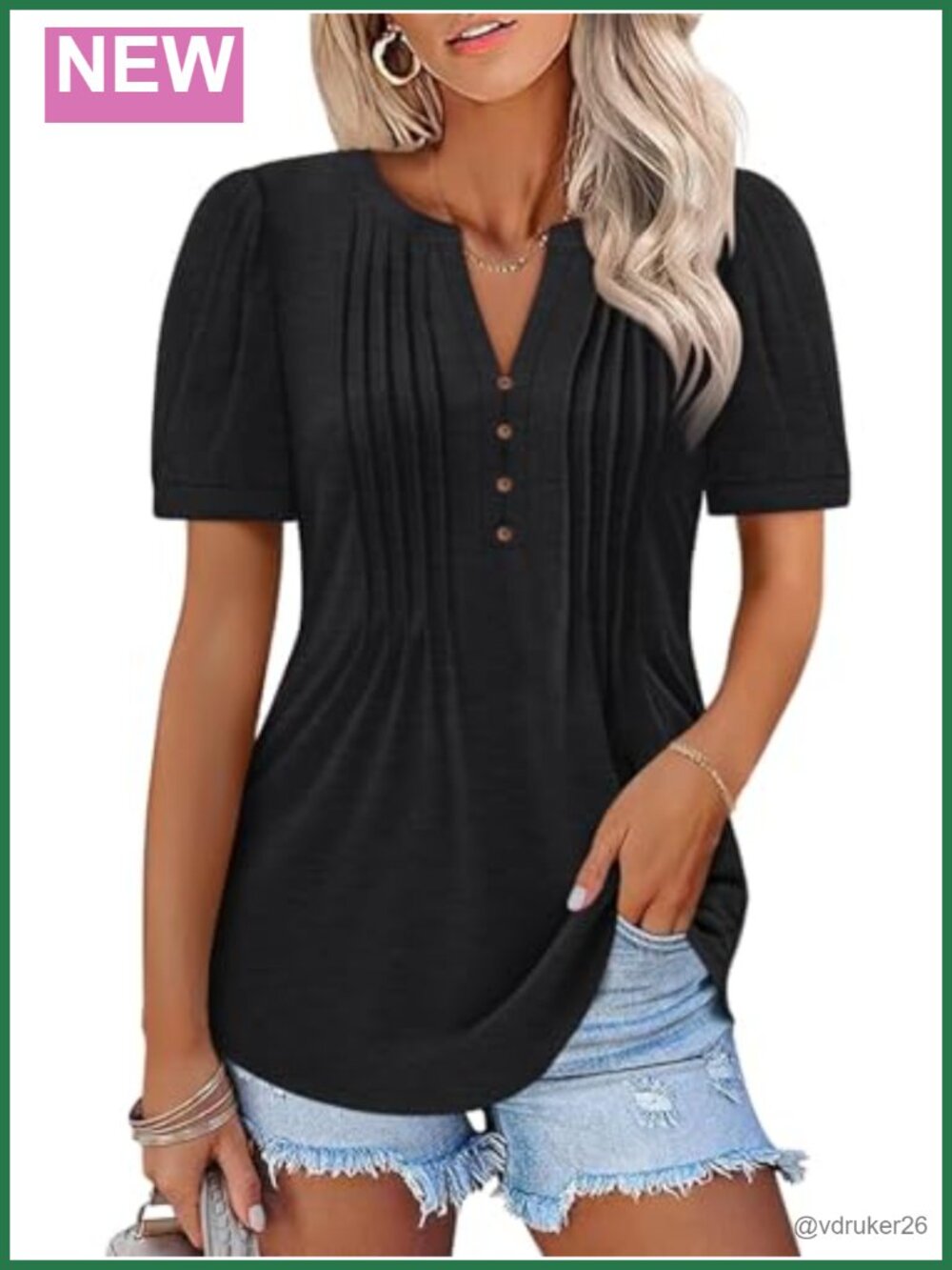 Womens Pleated V Neck Puff Short Sleeve T Shirt Casual Summer Top